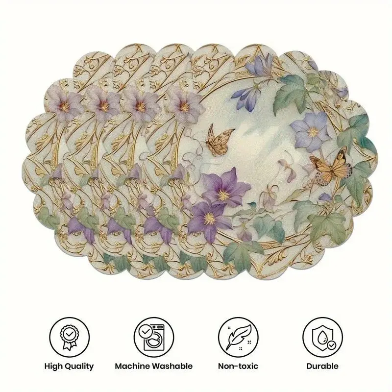 VIKAMA Purple Butterfly Floral Scalloped Vintage Round Placemats Heat Resistant Washable Non Slip Kitchen Table Decor