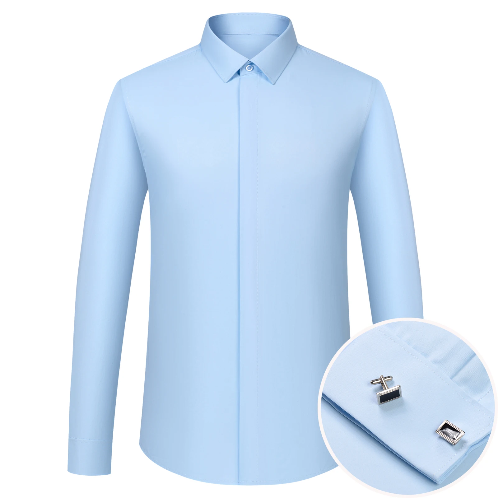 

Men's French Cuffs Front Hidden Buttons Placket Dress Shirt Without Pocket Regular-fit Formal Business Long Sleeve Plain Shirts