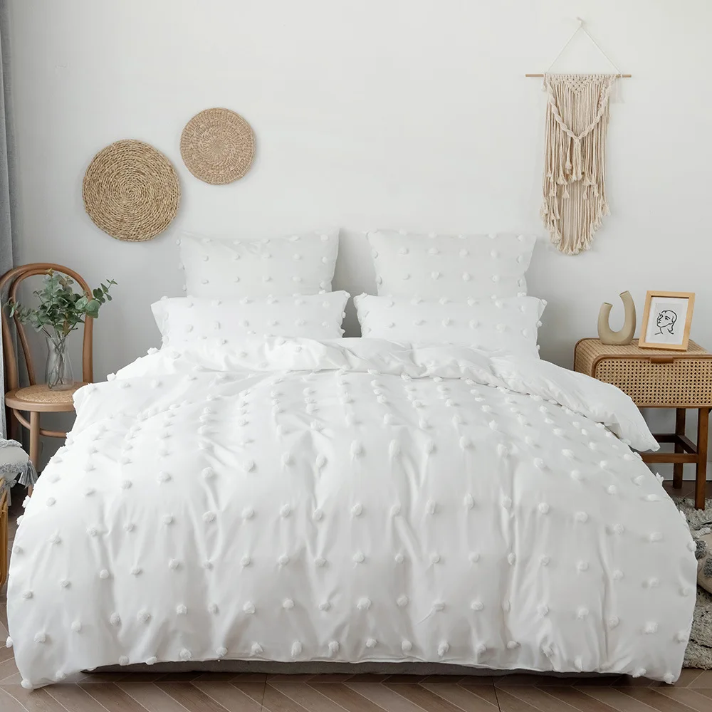 Bedding set with plain color, embroidered dots, and pom-poms, three-piece home textile set for export
