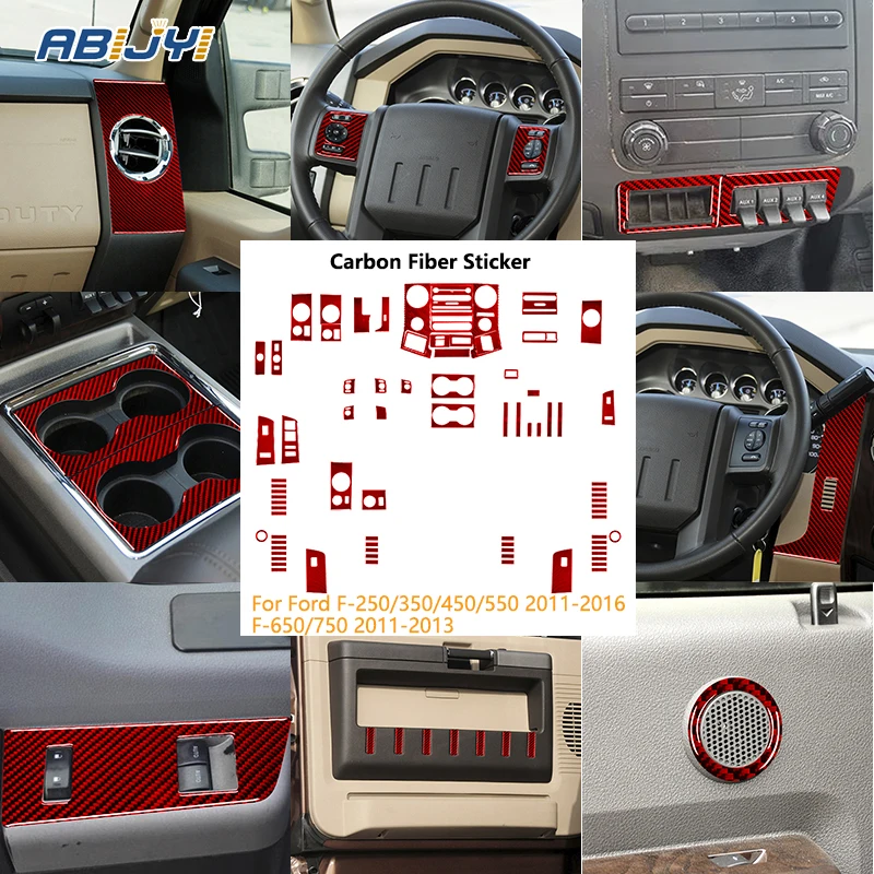 

For Ford F-250 350 450 550 2011-2016 F-650 750 2011-2013 without touchscreen radio Carbon Fiber Red Interior Sticker Decal