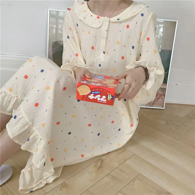 

New Fashionable Nightgown for Women Long Sleeves Loose Mid-length Printed Thin Home Pajamas Skirt Sleepwear Piece Dress Women's