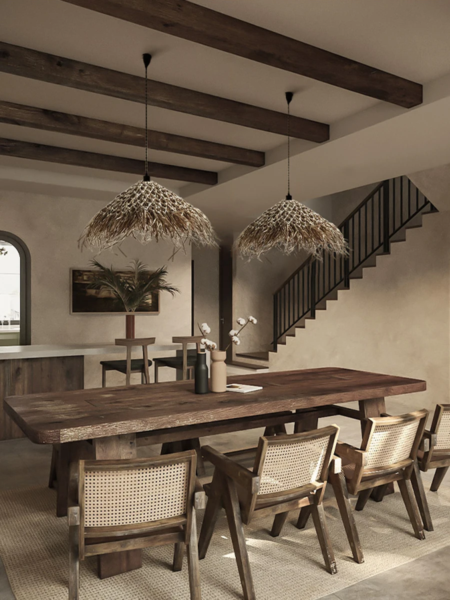 Creative Rattan Chandelier Hand Woven Circular Straw Hat Personalized Countryside Restaurant Bamboo Woven Light