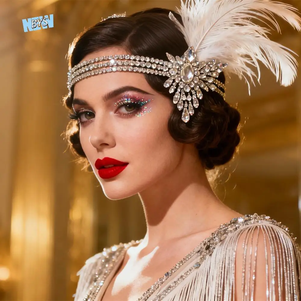 

Trendy Vintage Feather Headband Sequin Zircon Masquerade Hair Band Crystal Tassel Cosplay Dress Headwear Stage Performance