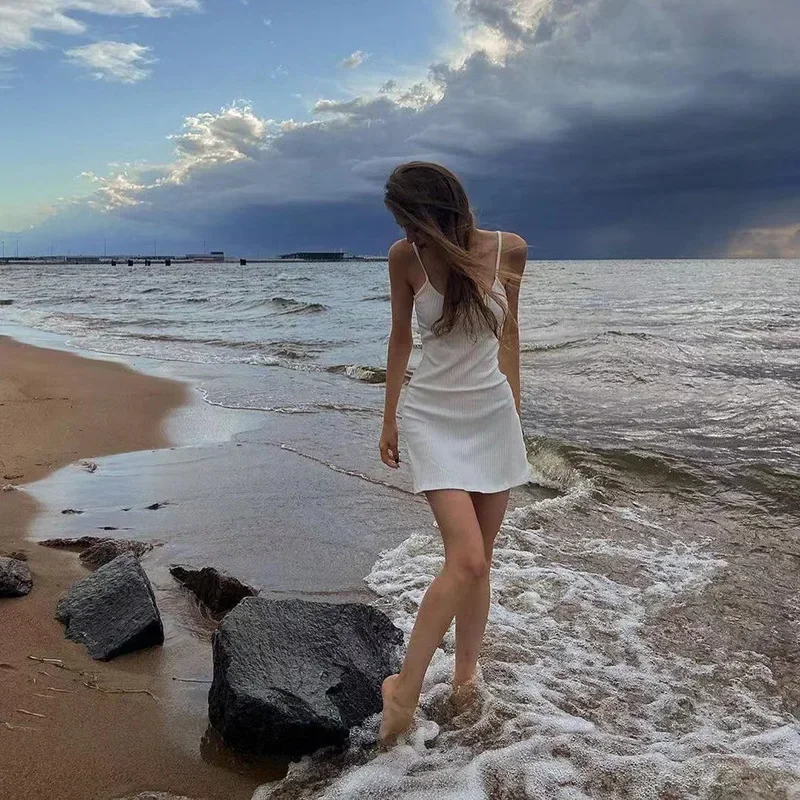 

Summer Solid Dress for Women White Spaghetti Strap Sleeveless A Line Mini Dresses Y2k Clothes 2000s Aesthetic Dress Beach Wear