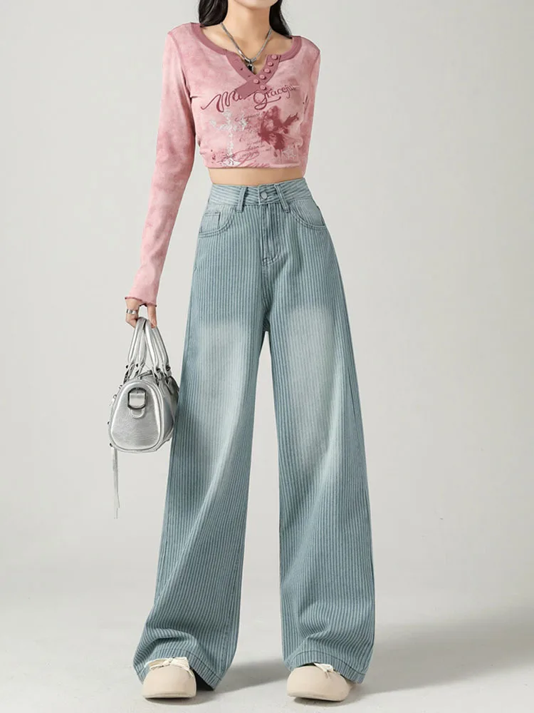 Gestreepte vintage jeans met wijde pijpen Baggy dames casual mode denim broek retro streetwear hoog getailleerde losse rechte vaqueros