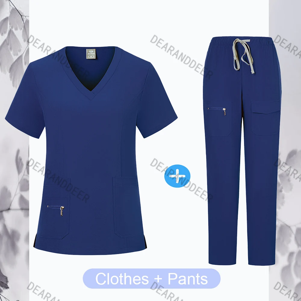 Nova camisa de manga curta com decote em v + calças esportivas para homens e mulheres, pessoal médico hospitalar médicos dentários salão de beleza uniforme de trabalho