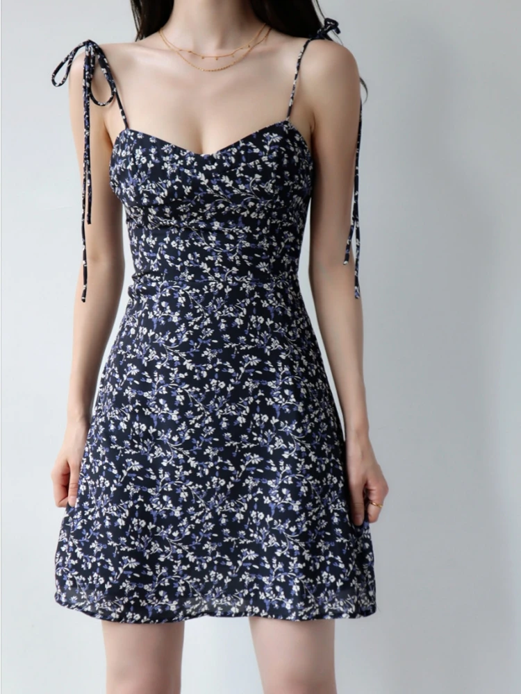 فستان نسائي بحزام سباغيتي مزين بالزهور ملابس Y2k بدون أكمام فساتين صيفية قصيرة للحفلات بدون ظهر للنساء