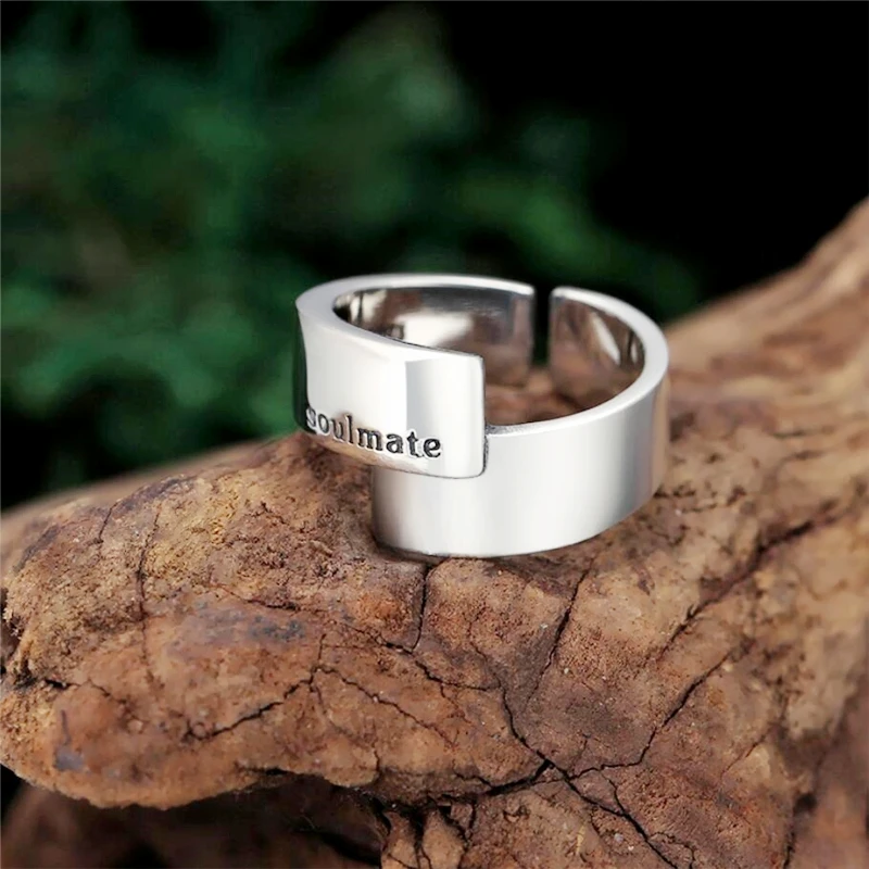 WYEAIIR 925 Sterling Silver Geometric Smooth Letters Soul Mate Fine Jewelry Luxury Resizable Opening Female Ring