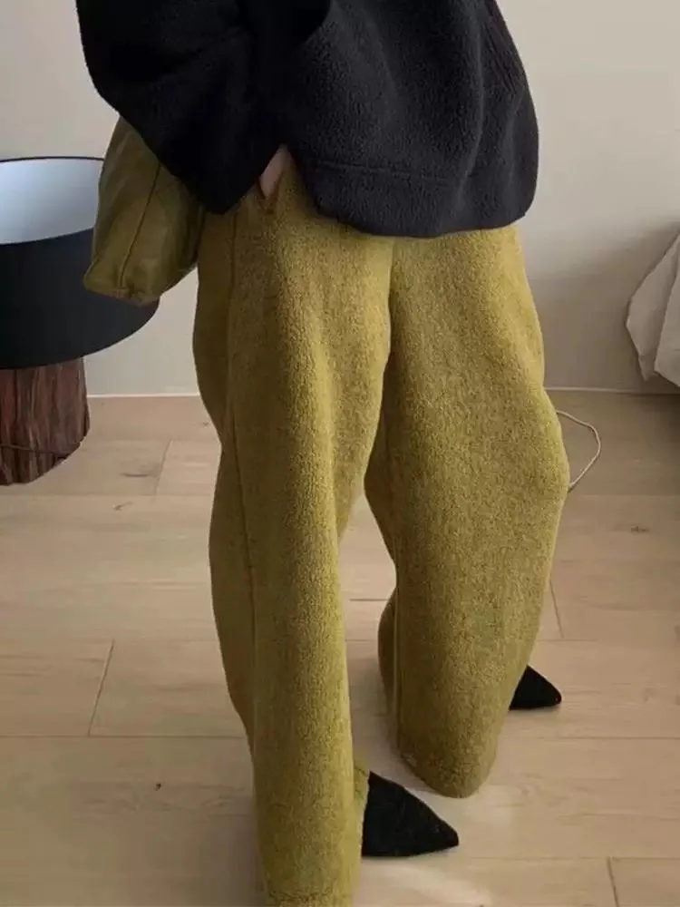 

Warm Fce Lined Wide Leg Pants Straight Cut Autumn Winter Thermal Mustard Lamb Fur Sweatpants High Waist Casual Trousers