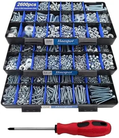 

2600-Piece Bolt & Nut Assortment Kit – DIY Hardware Set with 3-Tier Storage