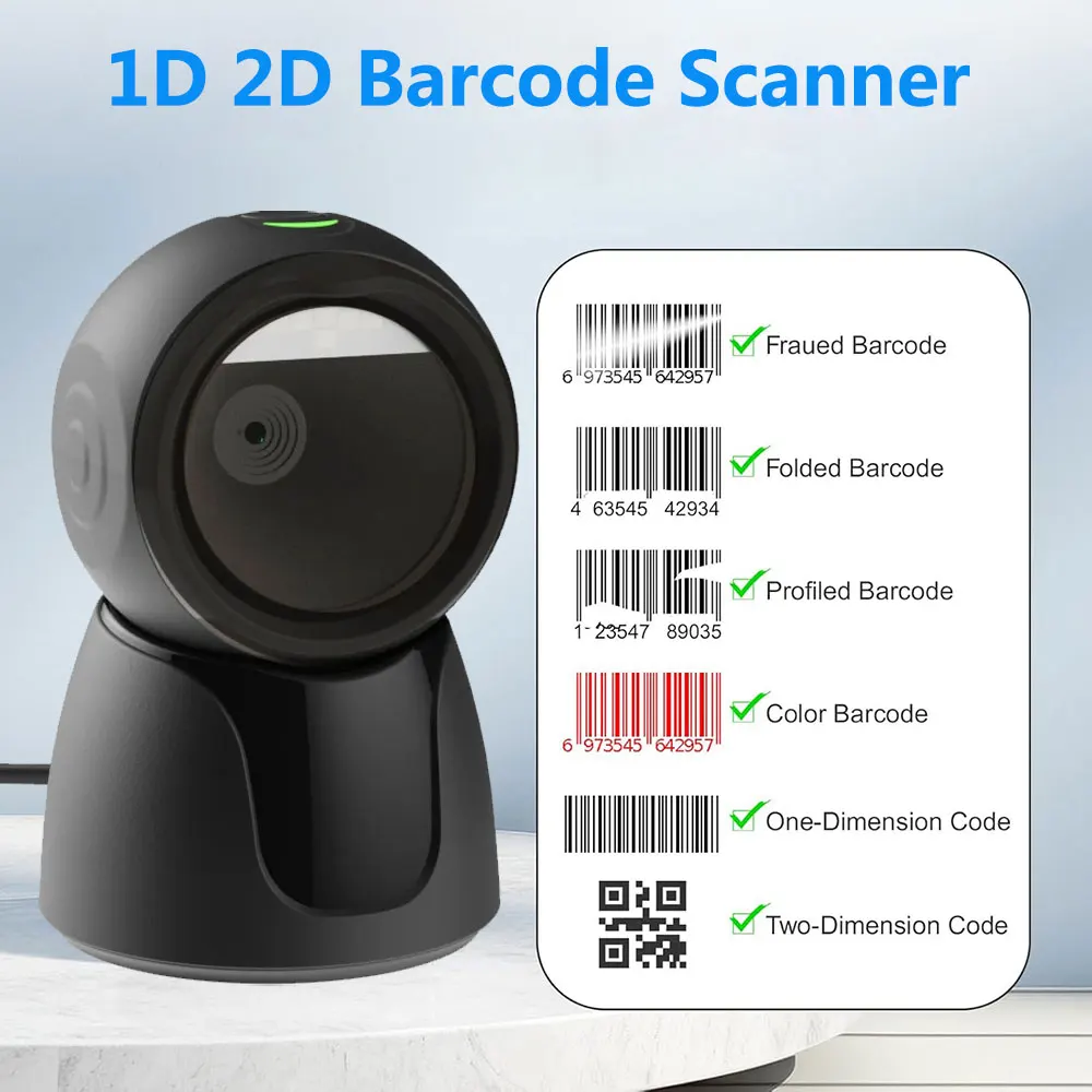 Escáner de código de barras de escritorio 2D, lector de códigos QR omnidireccional para supermercado, lectura automática, lector de matriz de datos, lector de código de barras