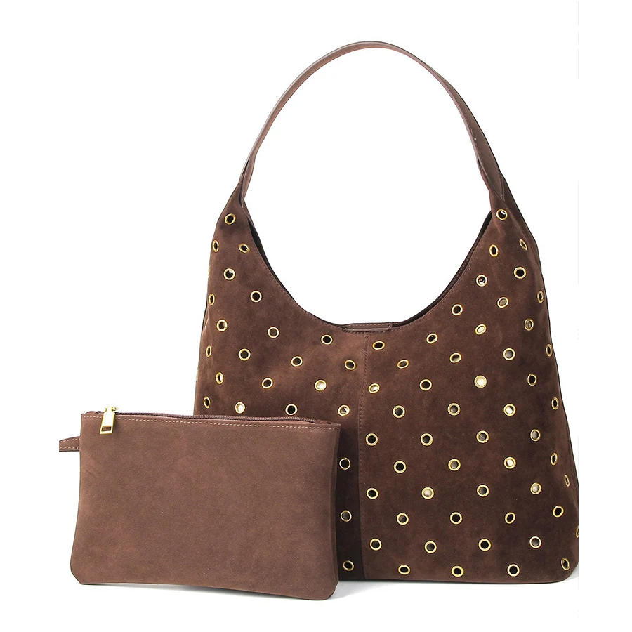 

Искусственная замша, дизайнерская сумка на плечо с заклепками, сумки в форме полумесяца, новая женская сумка подмышками, ретро-клатч с вырезами, коричневый мешок