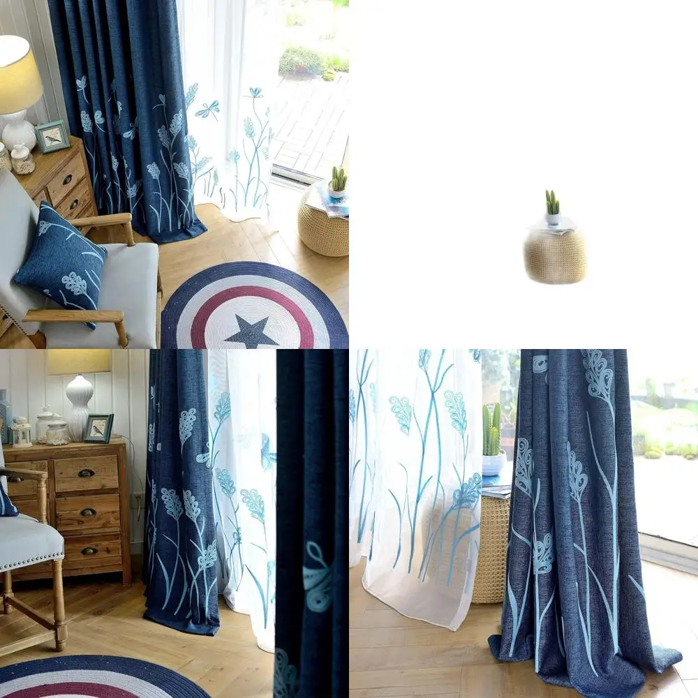 

Широкая льняная портьера в стиле фермерского дома с цветочным узором, затемняющая, сине-пшеничный/темно-синий, 100 x 96 дюймов