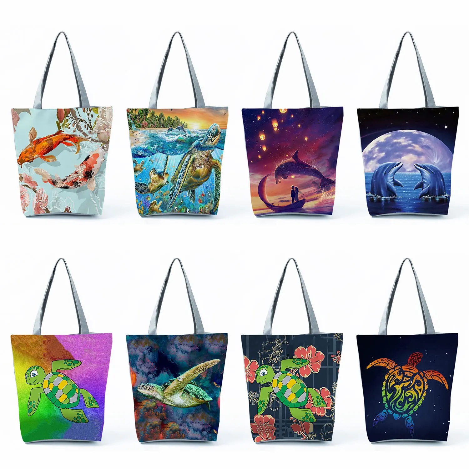 

Eco Friendly Lady Shopper Bag Handbag Sea Life Turtle Dolphin Print Tote Bag For Women Trendy School Teacher Gift High Capacity