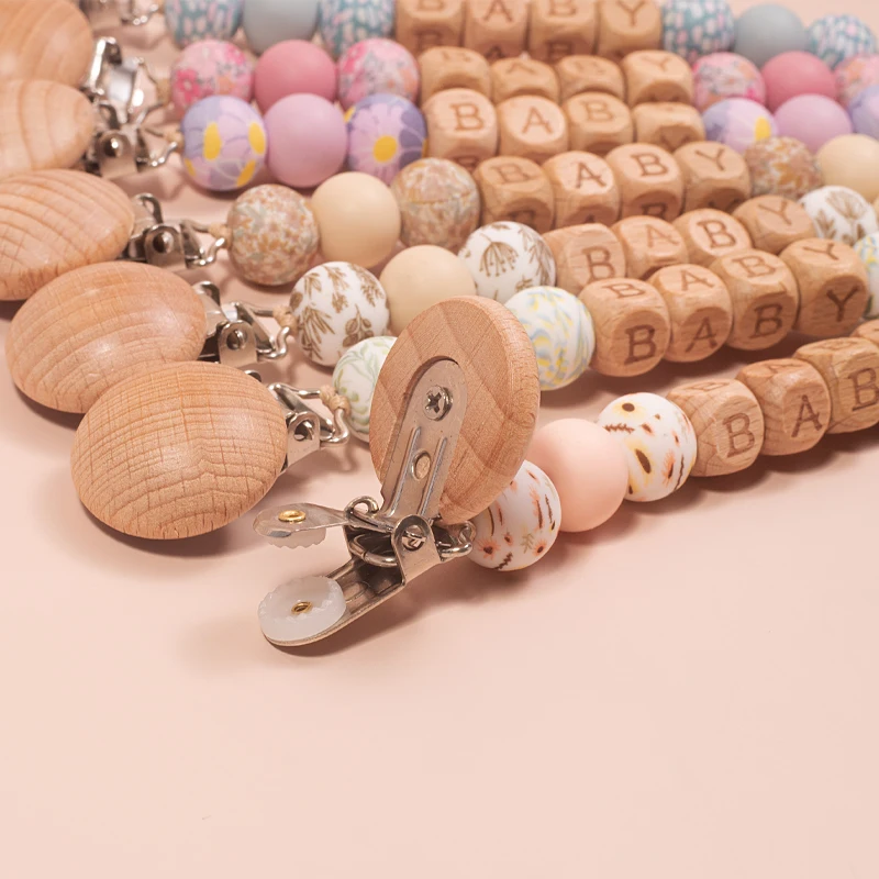 ส่วนบุคคลชื่อ Baby Pacifier คลิปโซ่ซิลิโคนลูกปัดไม้ Teethers Dummy จุกนมผู้ถือคลิปทารกแรกเกิดการงอกของฟันของเล่น
