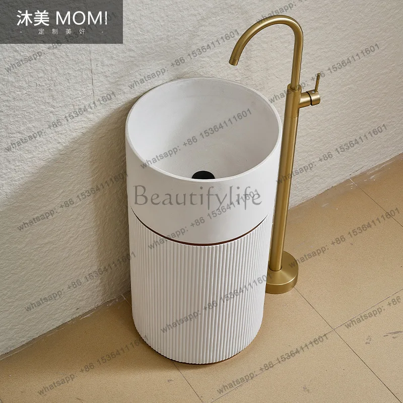 Japanese-style wabi-sabi wind travertine stone pillar basin circular integrated floor-to-ceiling sink