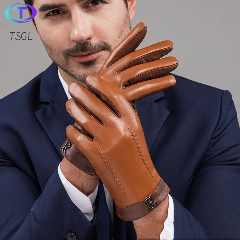 

New Brown R Letter Business Driving Winter Men Genuine Sheepskin Leather Gloves Autumn Warm Touch Screen Full FingerGloves