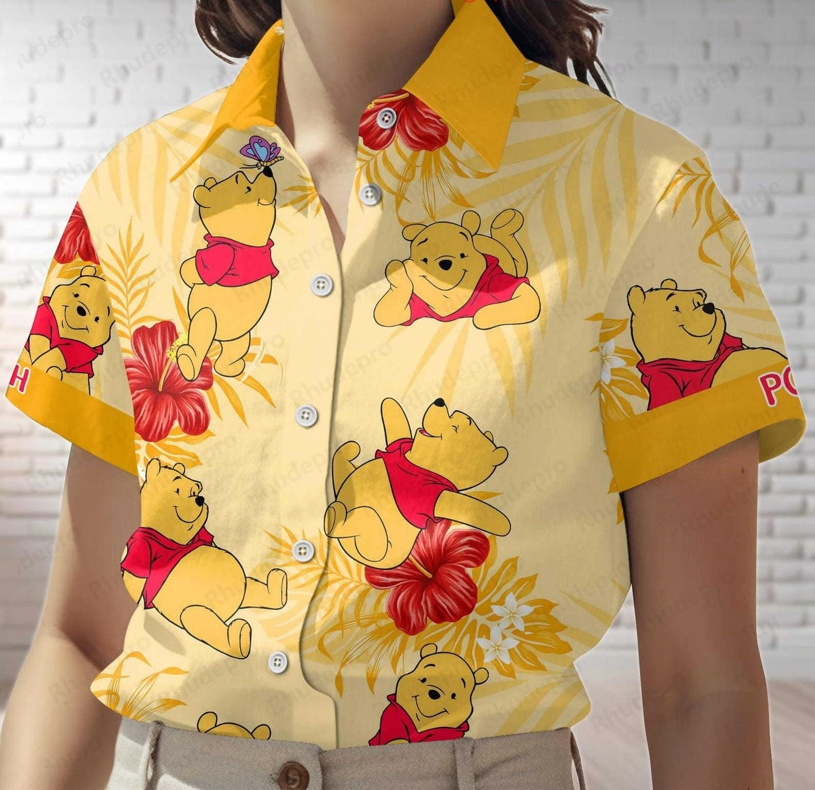 Disney tropica winnie the pooh camisa havaiana das mulheres manga curta botão camisa verão casual praia férias camisa de proteção solar