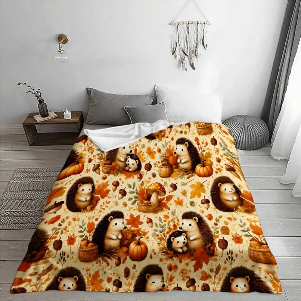 Autumn Hedgehog Pattern, Fall Lover Gift, Soft Cozy Blanket, Cute Pumpkin Acorn Design, Multi-Purpose Home Decor, Warm Comfort