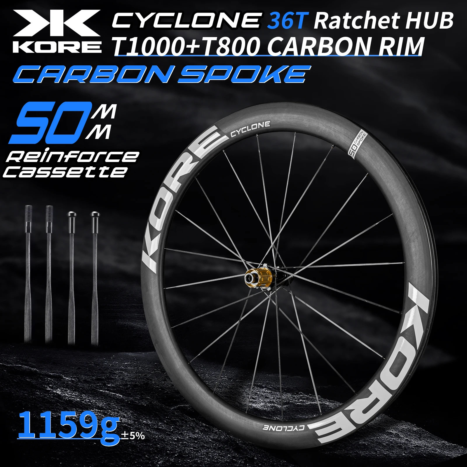 

KORE Carbon Spoke Wheelset:50mm-T1000 Carbon Rims 36T Ratchet Hub XDR/HG 700C Design for Ultra-Light Road Racing Performance.