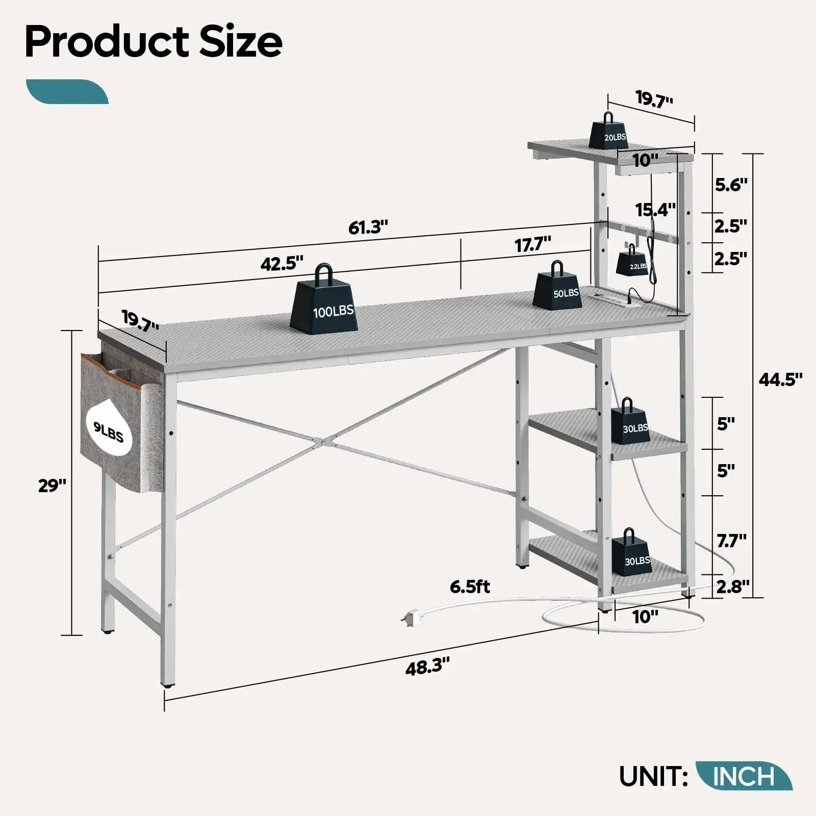Meja Komputer Gaming Reversibel 61" dengan Meja LED Stopkontak dengan Rak 4 Tingkat, Serat Karbon Abu-abu