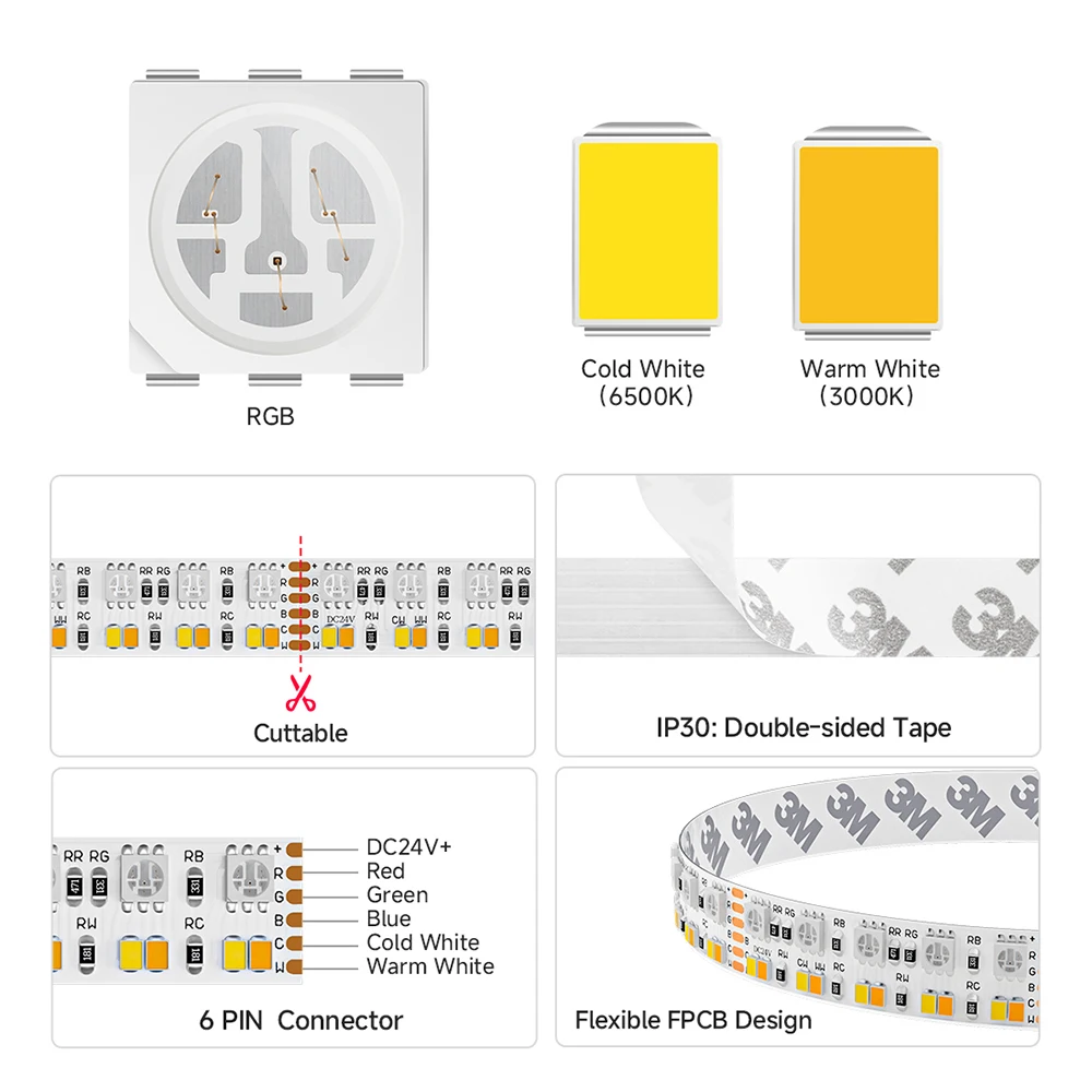 5 متر صف مزدوج RGBCCT 5 ألوان في 1 LED قطاع ضوء 6pin RGBW RGBCW RGBWW 5050 RGB 2835 WW CW 3000K-6500K 270 المصابيح/م 15 مللي متر 12 فولت 24 فولت