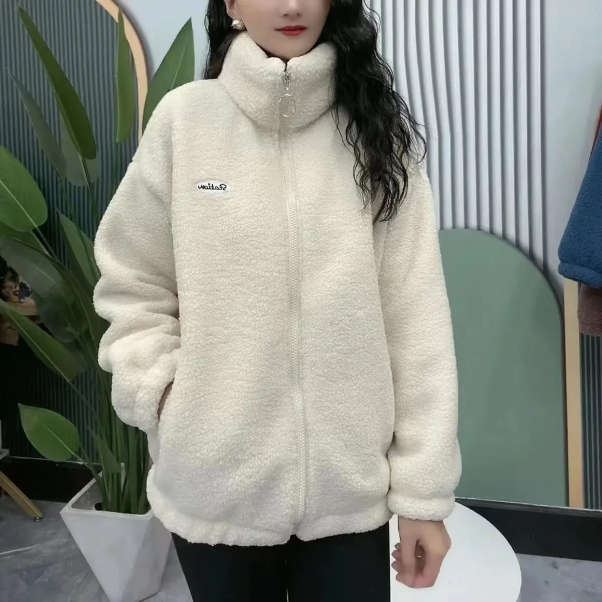 

Winter Warm Fleece Jacket for Women Thickened High Collar Loose Fit Top Anti Polyester Fiber Coat with Slimming Full Sleeve