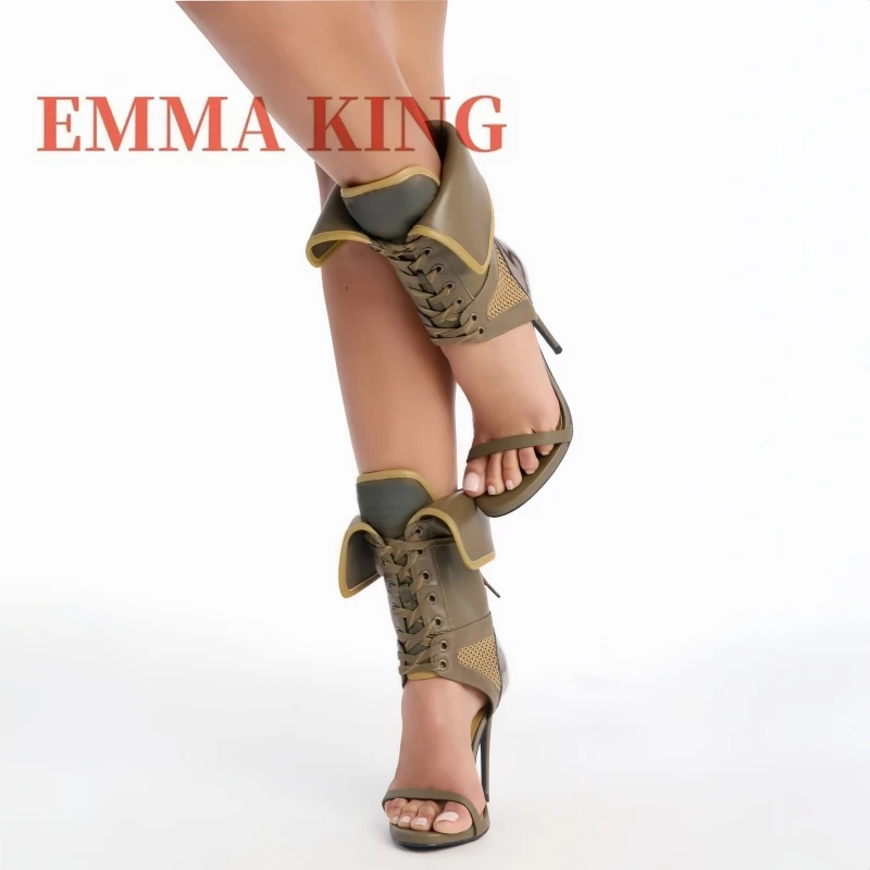 Sandalias verdes plegables hasta el tobillo para mujer, tacones de aguja con malla recortada, sandalias tipo bota con correa y punta abierta, zapatos de diseñador de moda