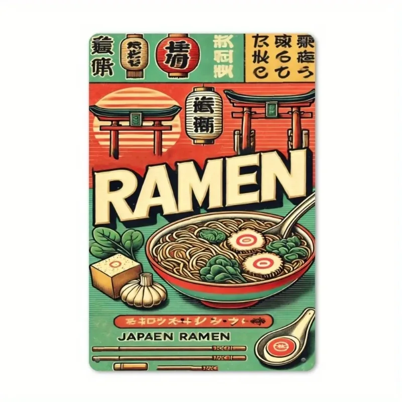 （2D Tin painting）Vintage Japanese Ramen Metal Sign - Retro Torii & Lantern Wall Decor