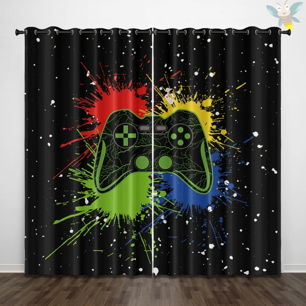 Gaming Controller Paint Splatter Blackout Curtains - Grommet Window Drapes for Boys Bedroom & Game Room Decor