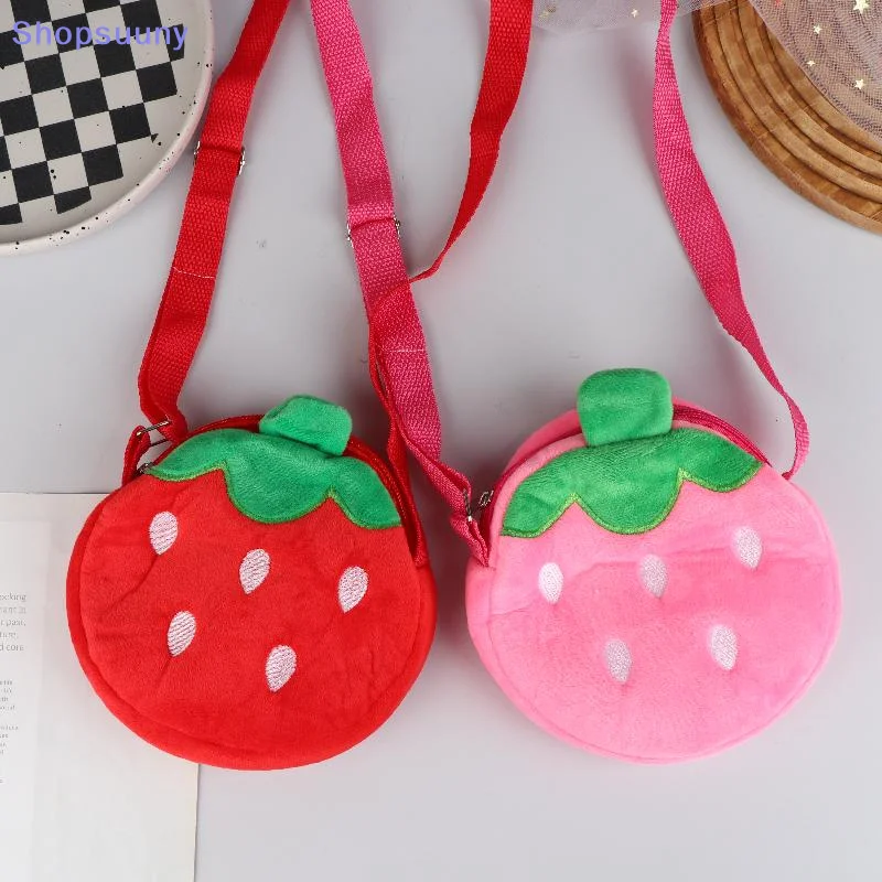 [SU]Cartoon Strawberry Plush Crossbody Bag Cute Strawberry Shoulder Bag Phone Bag Coin Pouch Wallet For Kid Adults Gift[SU]