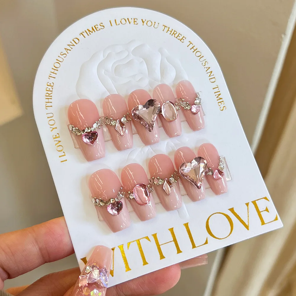 

10pcs Handmade Fake Nails Pink Heart Rhinestone Fake Nails Full Finished Coffin Ballet Fashion False Nail Patch for Girl Lady