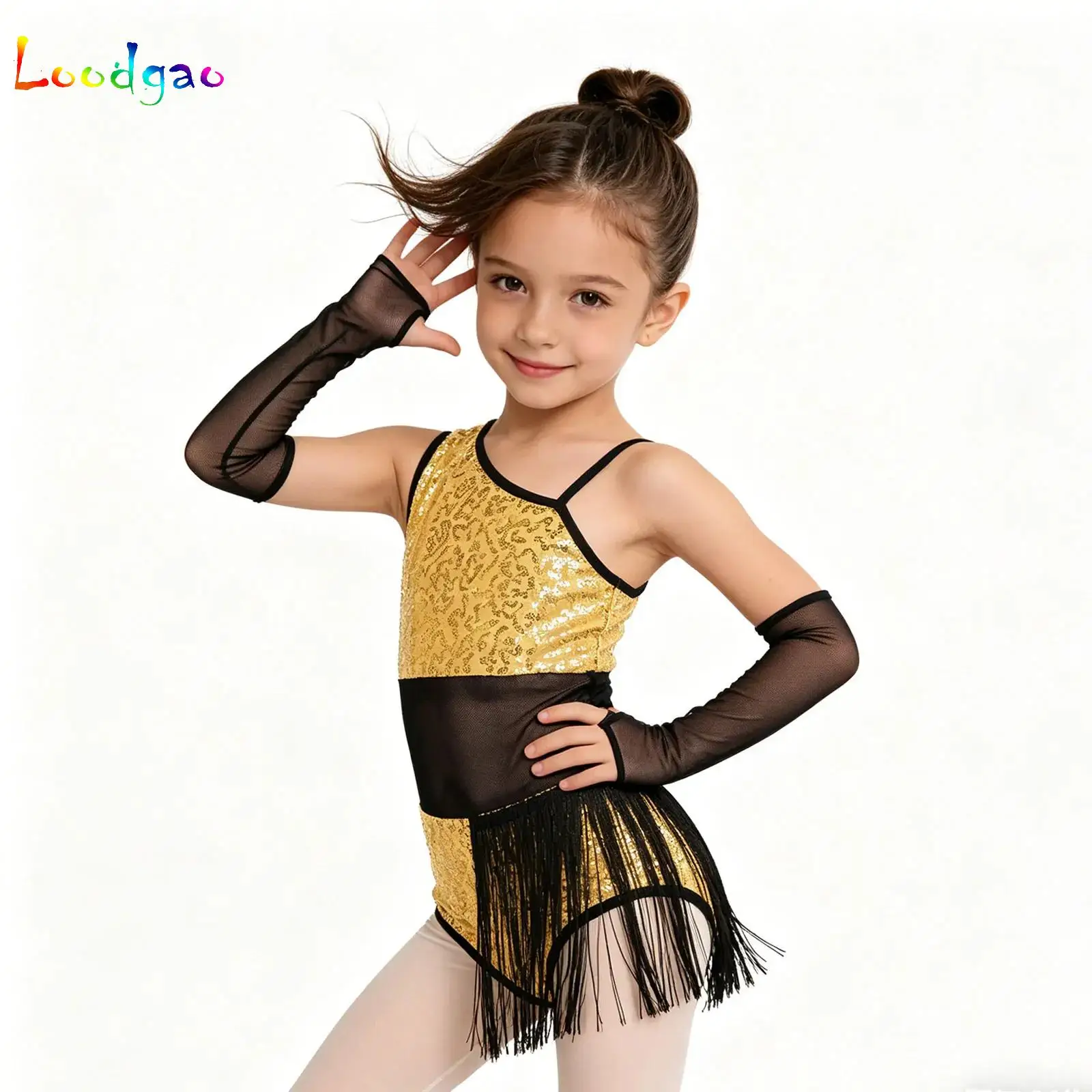 

Kids Girls Sequins Cha-cha Salsa Latin Ballet Dance Costume Sleeveless Cutout Tassels Leotard Performance Competition Dance Wear