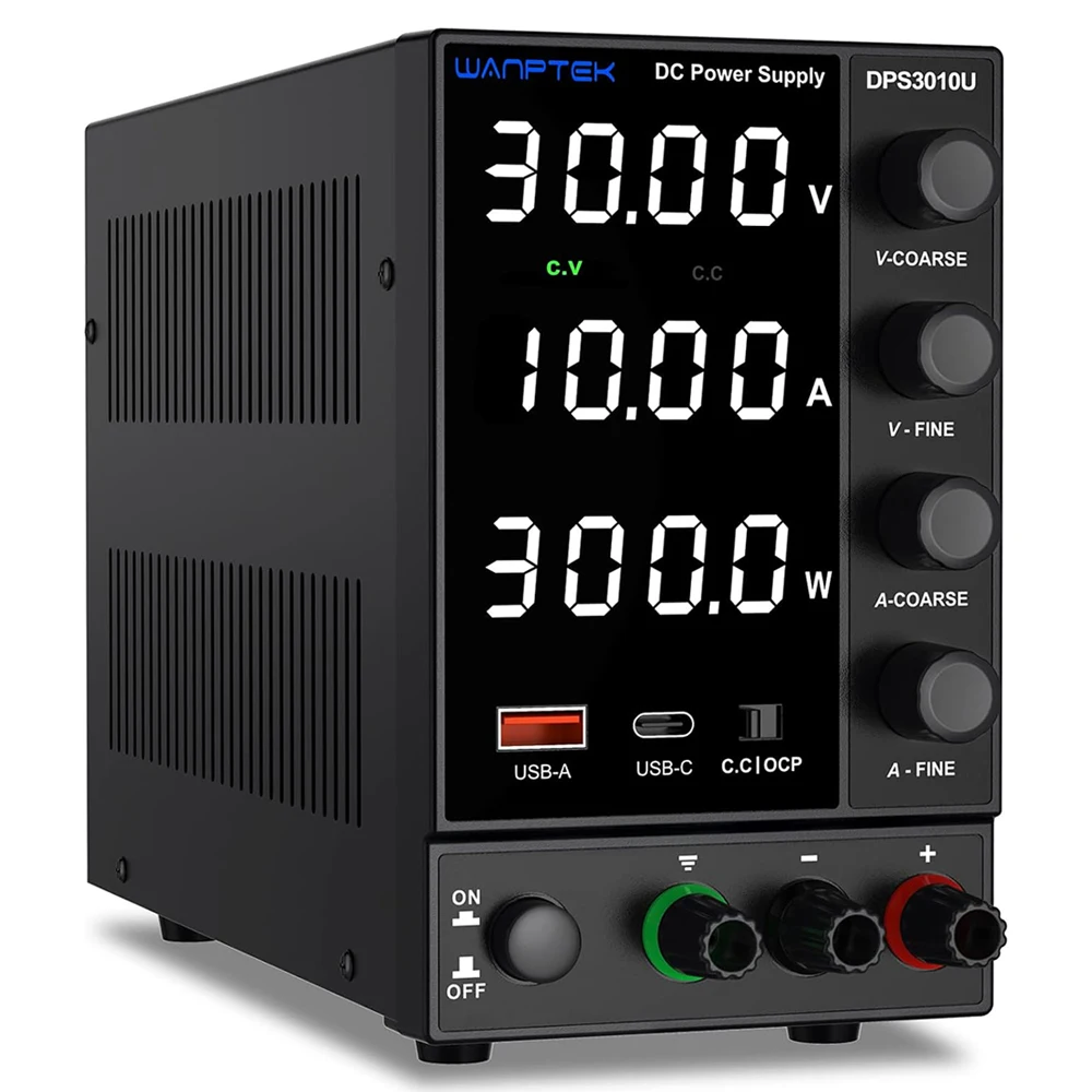 Adjustable Switching DC Power Supply (30V 10A) with Encoder Coarse and Fine Adjustment Knobs, with USB and Type-C Fast Charging