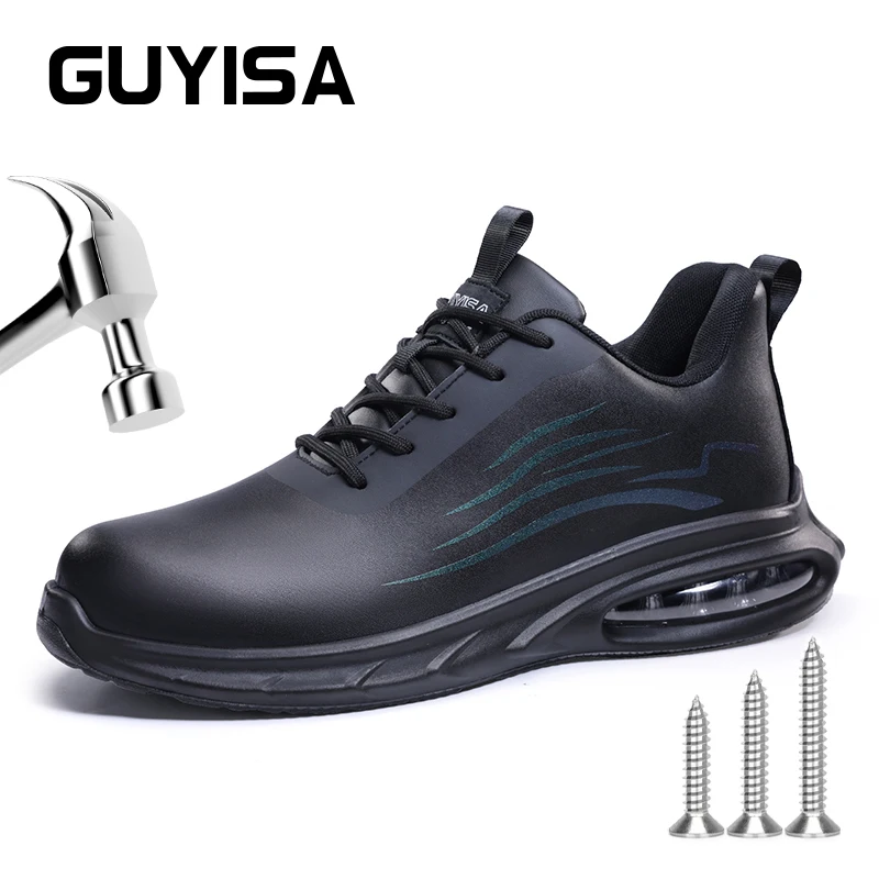 GUYISA Safety shoes Waterproof Oil proof Steel toe Size 37-45 Black Anti smashing and anti stabbing