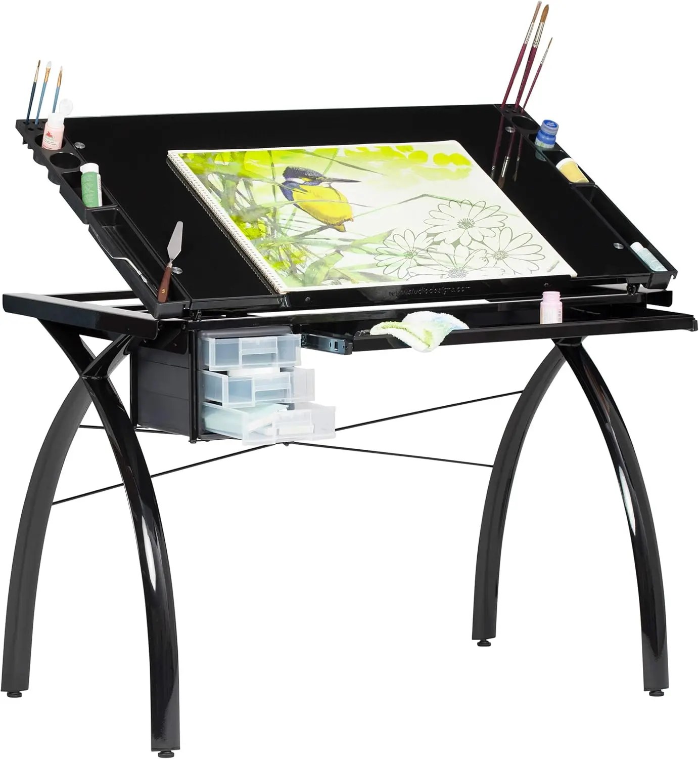 

Futura Crafting, Drafting, Drawing Table with Adjustable Top, Black and Black Glass