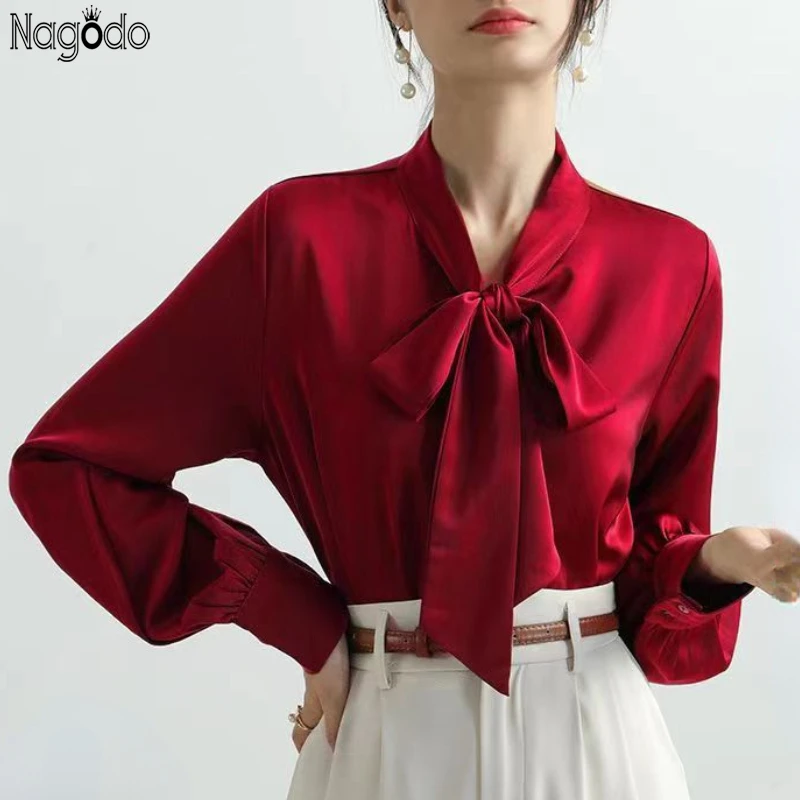 Camisa de seda extragrande com laço para mulheres, blusas de manga comprida, cardigã de seda elegante e elegante, senhora do escritório, marca de