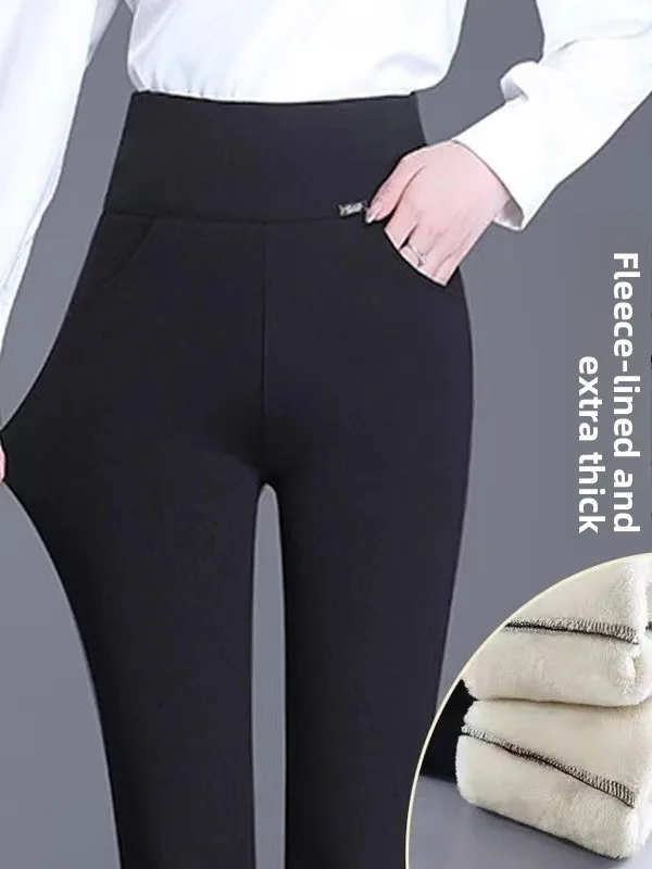 

Женские брюки с высокой талией, на флисовой подкладке, облегающие, осенне-зимние, больших размеров, эластичные черные леггинсы, повседневные удобные брюки