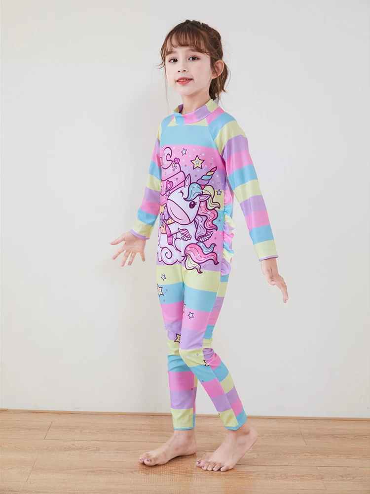One-Piece Children Swimsuits Kid Swimwear Girls Long Sleeve Sun Protection with swimming caps 2Pcs Set 3 4 5 6 7 8 9 10 11 Years