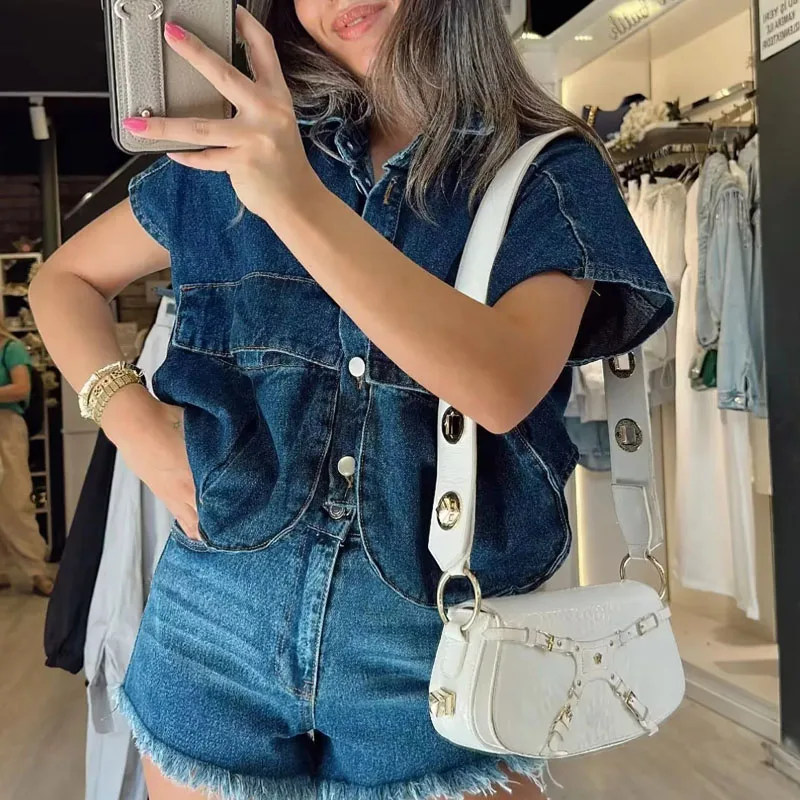 TRAF Denim Crop Top Summer Women\'s Tops 2023 Tank Sleeveless Lapel Collar Aesthetic Top Designer Korean Style Top Women Luxury