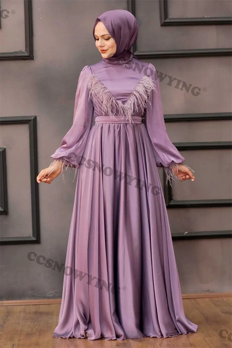 

Muslim Chiffon Feather Hijab Evening Dresses Long Sleeve Islamic Women Formal Party Gown Arabic Dubai Robes De Soirée