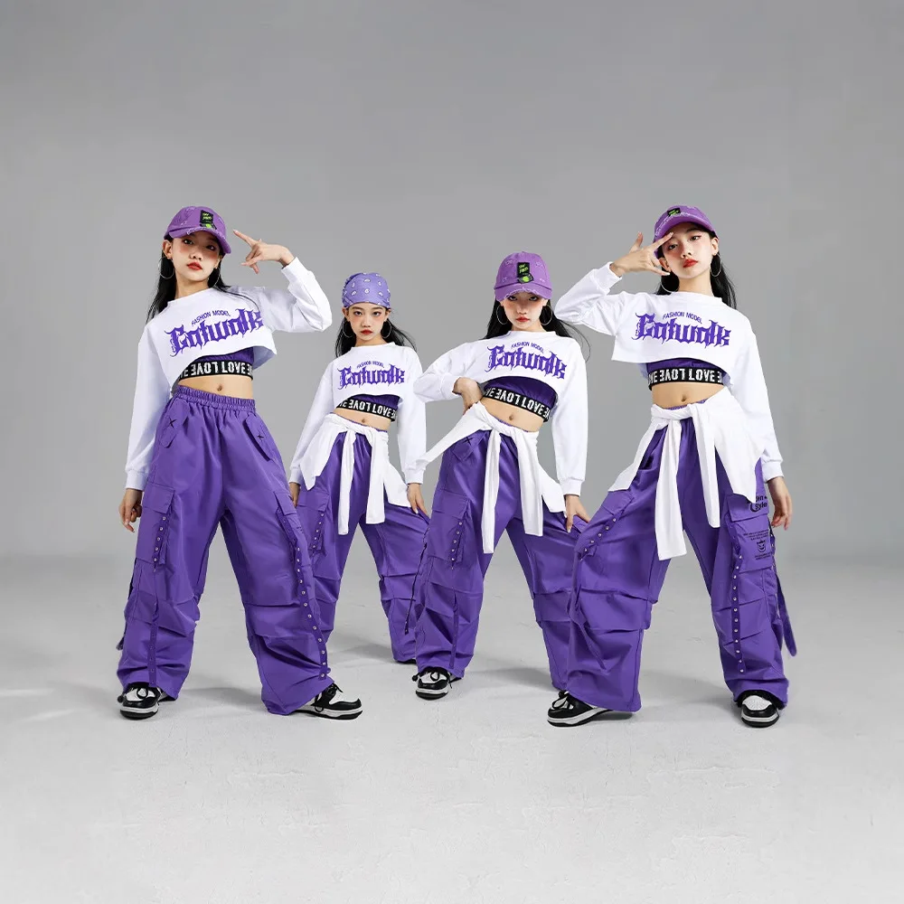 힙합 소녀 K-pop 자르기 탑 보라색 카고 바지 어린이 거리 댄스 복장 어린이 streetwear 그룹 재즈 의류 세트