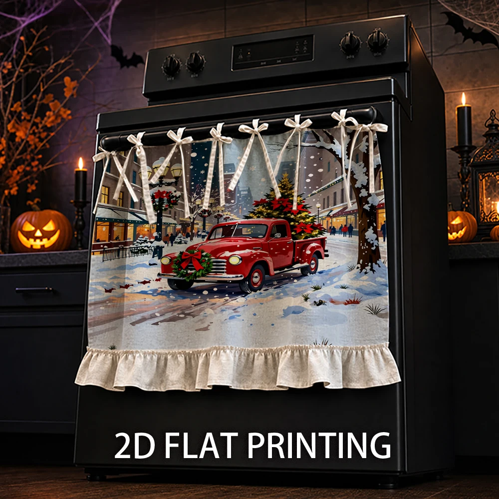 1PC Christmas Kitchen Curtain-Cabinet Curtain-Apron. A red truck carry a Christmas tree through a snowy city. Can be used as a s