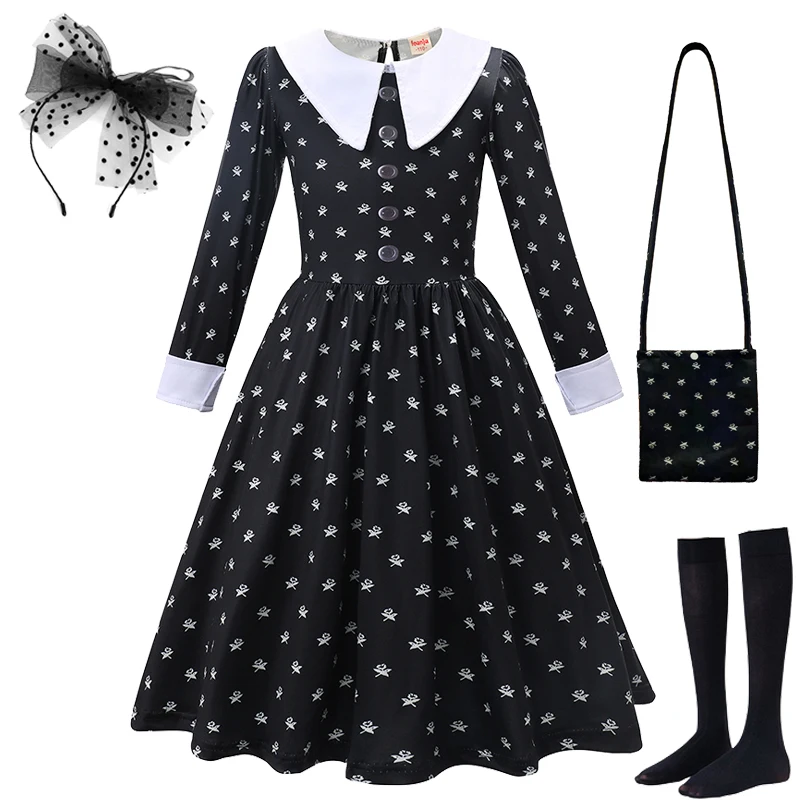 Wednesday Addams Cosplay For Girls Clothing Movie Wednesday Black Gothic Dress For Kids Party Dresses Halloween Costumes 3-12Yrs