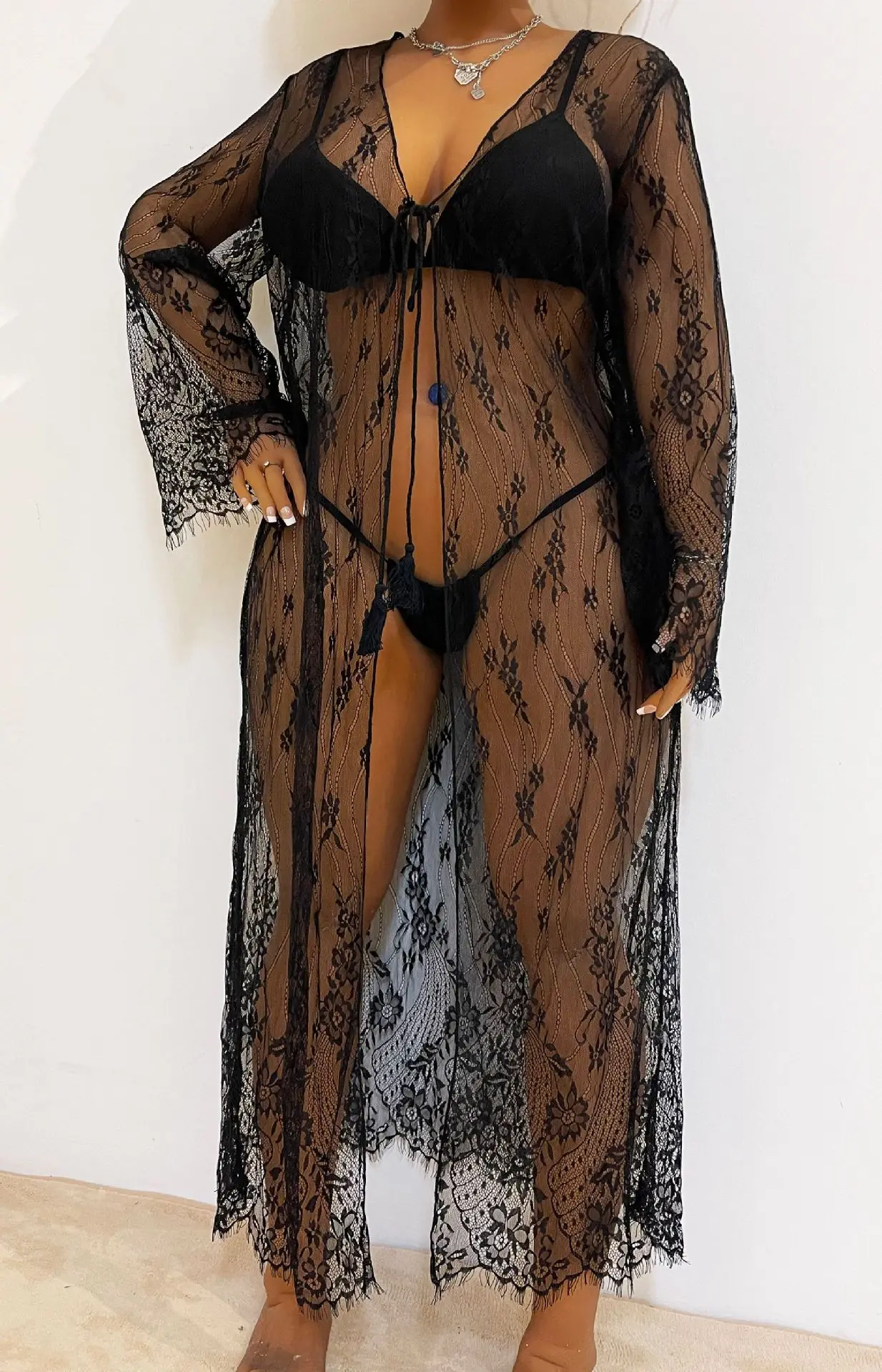 플러스 사이즈 섹시한 여성 맥시 쉬어 레이스 비치 비키니 커버 업 Sundress Oversize Cardigans See-through Lace-up Beachwear Long Sleeve