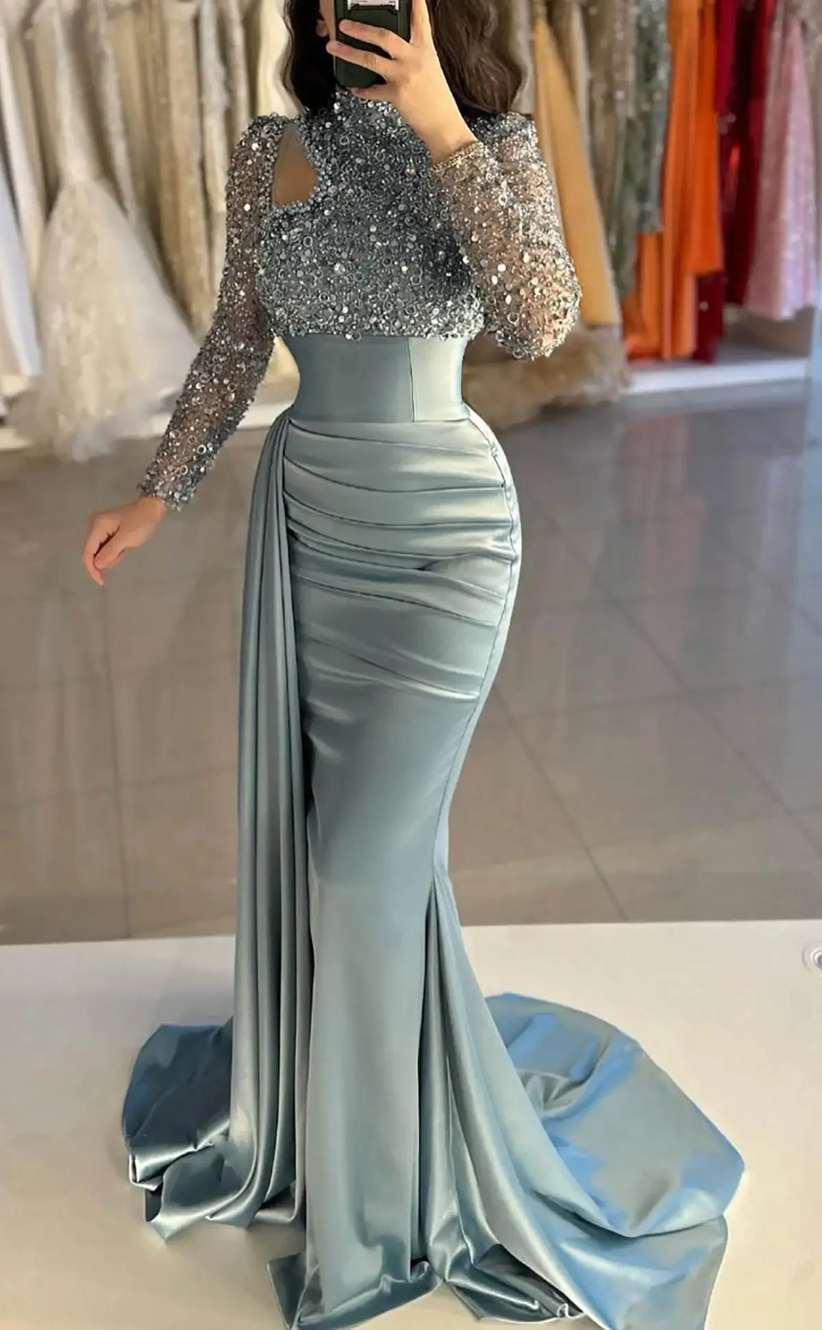 Customized Hunter Green Sequined Split Prom Dresses One Shoulder Long Sleeve Evening Gowns Arabic Bling Bling Women Gowns