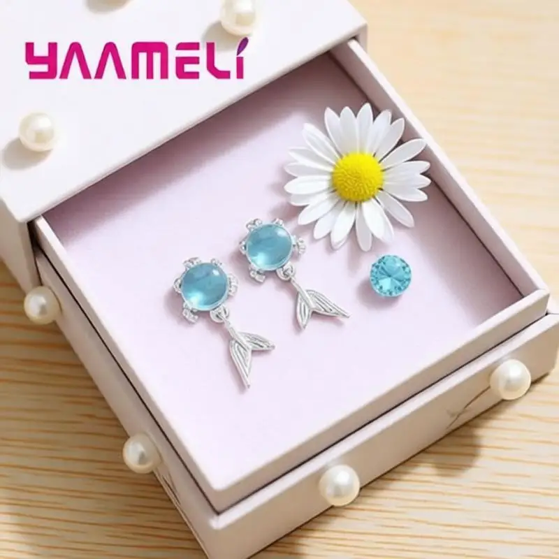 Charm 925 Sterling Silver Fish Tail Design Blue Crystal Drop Earrings for Women Girls Anniversary Party Fashion Jewelry Gifts