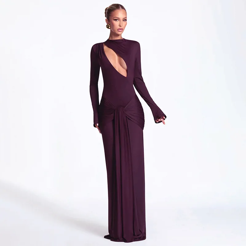 Fashionable Women's Evening Dress Autumn Winter Sexy Slim And Elegant Dress Long-sleeved Hollow Hip-covering Strap Clothes
