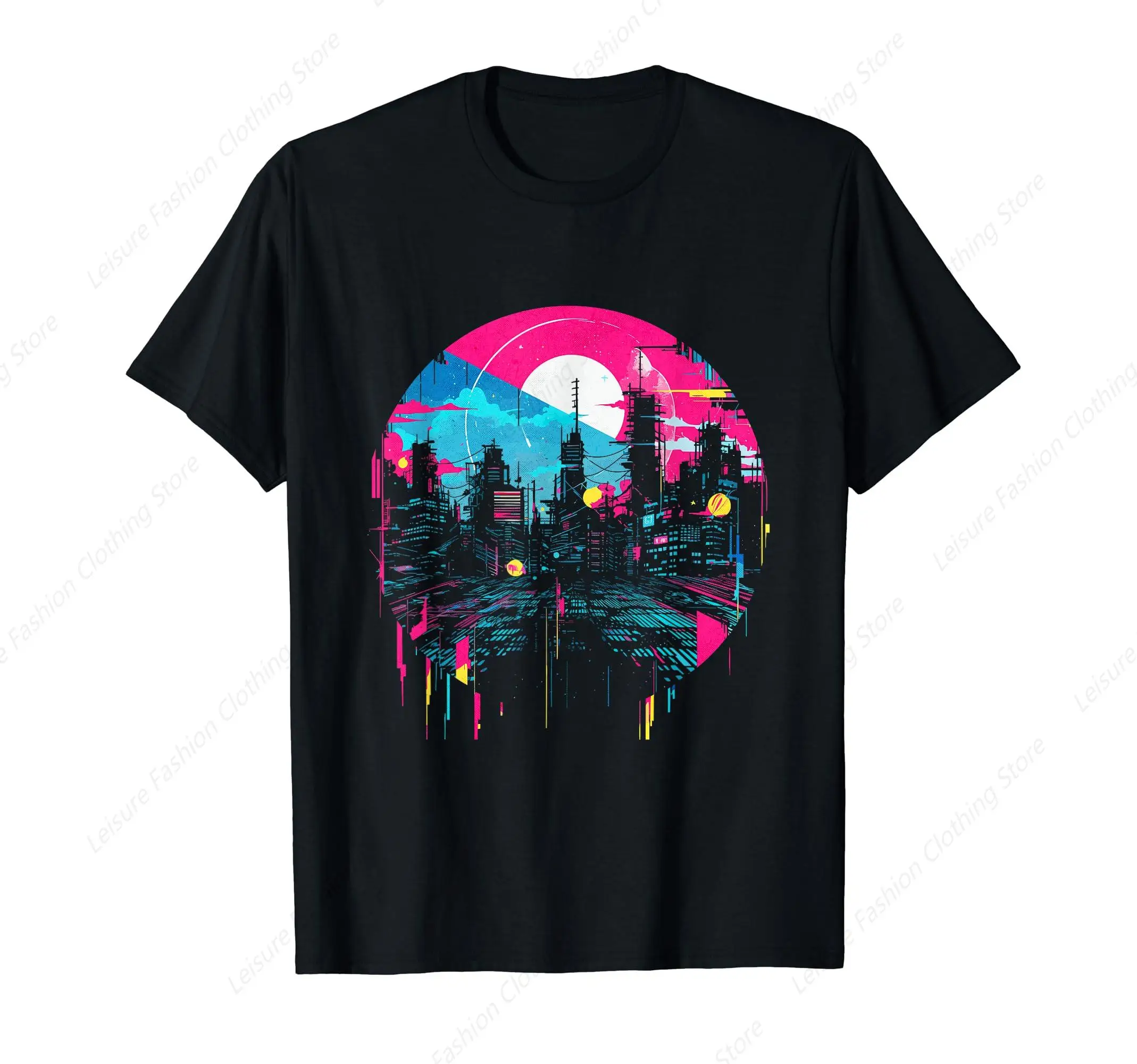 Japanese City Cyberpunk Futuristic Anime Style T-Shirt Round Neck Short Sleeves Cotton Tee Shirt Tops