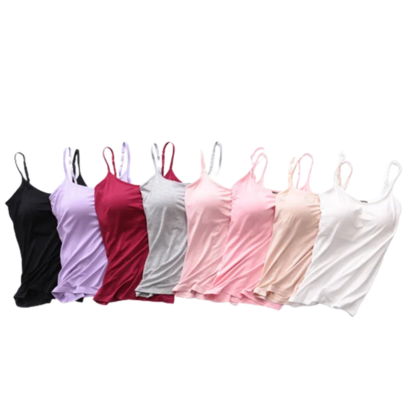 Summer Padded Bra Tank Top Women Modal Spaghetti Solid Cami Tops Vest Female Camisole with Built In Bra Fitness Yoga Clothing